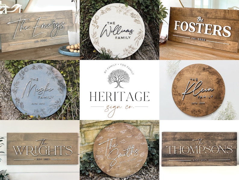 May include: A collage of ten different wooden signs with various family names and establishment dates. The signs are made of different types of wood and have different finishes. Some signs are round, while others are rectangular. The signs are all decorated with floral designs and calligraphy.