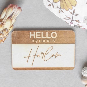 Name Tag Birth Announcement Hello My Name Is Sign, Fresh 48 Newborn Photo Prop for Hospital Photos, Baby Name Announcement Wooden Sign Classic Style