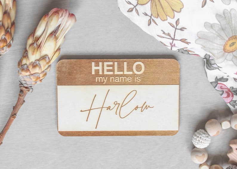 Name Tag Birth Announcement Hello My Name Is Sign, Fresh 48 Newborn Photo Prop for Hospital Photos, Baby Name Announcement Wooden Sign Classic Style
