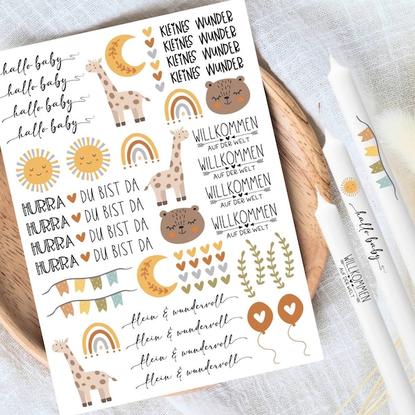 Geburt bunt - Kerzentattoos verschiedene Motive DIN A4 - Kerzensticker - Wasserschiebefolie - Kerzen - Baby - Welcome - Babyparty - Hurra