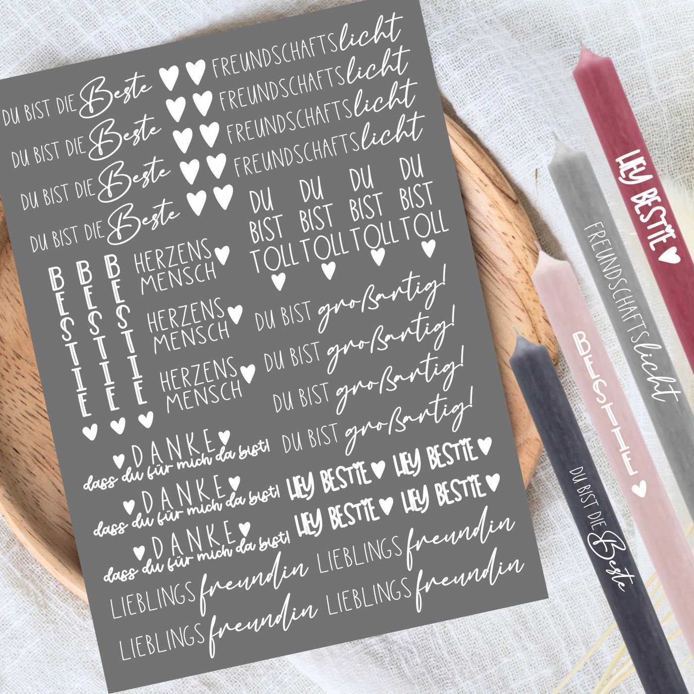 Freundin weiß / weiße Schrift Kerzentattoos weiss DIN A4 Kerzensticker - Wasserschiebefolie - Kerzen dekorieren - Beste / BFF/ Freundschaft