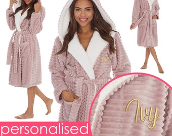 Personalised Ladies Jacquard Pink Robe Mother's Day Gift Custom Name Birthday Present Personalized Womens Hooded Robe Wife Girlfriend Fiance