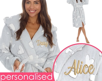 Personalised Ladies Hooded Gown Christmas Gift Custom Name Birthday Present Personalized Womens Hearts Print Robe Wife Mother's Day Gift