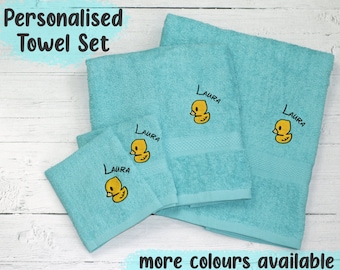 Personalised Towel Set for Kids Embroidered Name Duck 100% Cotton Face Cloth Hand Bath Towel Gift Idea Baby Shower Birthday Infant Toddler