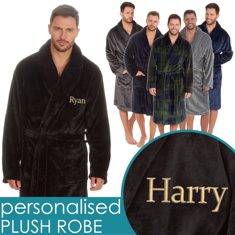 May include: Black plush robe with a gold embroidered name "Ryan". The robe has a shawl collar and a tie belt. The image also shows other robes in different colors and patterns, including a blue plaid robe and a gray robe.