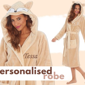 Personalised Ladies Fox Dressing Gown Hooded Energy Saving Foxy Dressing Robe Thermal Nightwear Loungewear Mother's Gift Idea Present UK