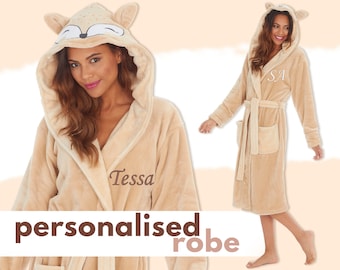 Personalised Ladies Fox Dressing Gown Hooded Energy Saving Foxy Dressing Robe Thermal Nightwear Loungewear Mother's Gift Idea Present UK