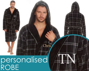Personalised Mens Dressing Gown Embroidered Name Custom Text Check Pattern Valentine's Day Gift Idea Present Dad Grandfather Brother UK M-XL