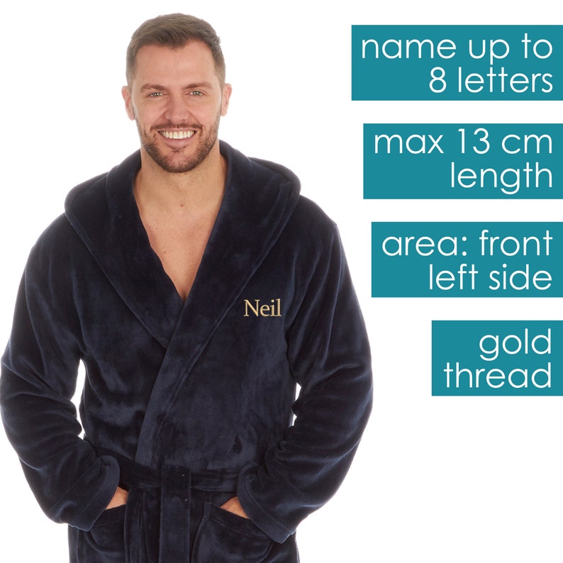 May include: A navy blue hooded robe with a gold thread embroidered name "Neil" on the left side. The robe has a belt and two pockets. The image includes text indicating the maximum name length is 8 letters, the maximum embroidery length is 13 cm, and the embroidery area is the front left side.