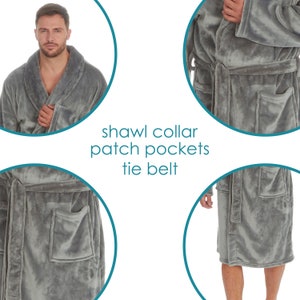 May include: Gray plush robe with a shawl collar, patch pockets, and a tie belt.
