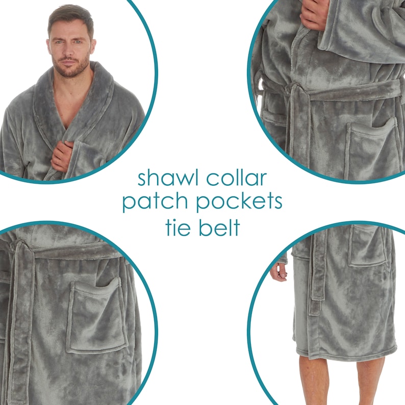 May include: Gray plush robe with a shawl collar, patch pockets, and a tie belt.