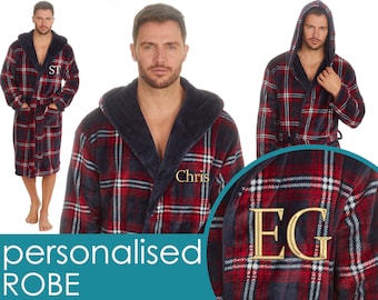 Personalised Mens Dressing Gown Embroidered Name Custom Text Check Pattern Nightgown Gift Idea Present Dad Valentine's Day Gift Size UK M-XL