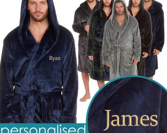 Personalised Mens Dressing Gown Hooded Robe Embroidered Custom Name Gift Valentine's Day Father's Day Present Husband Fiance Boyfriend Hubby