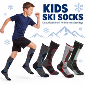 May include: A set of kids ski socks in various colour combinations including grey and black with blue, red, or green accents. The text KIDS SKI SOCKS and Colourful comfort for cold-weather days is displayed alongside snowflake and mountain graphics.