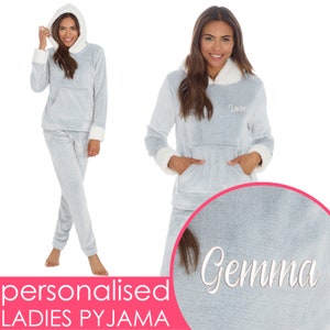 Personalised Ladies Grey Pyjama Top Bottoms Lounge Set Fleece PJ's Custom Name Embroidered Hoodie Mother's Valentine's Day Gift Loungewear