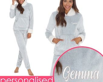 Personalised Ladies Grey Pyjama Top Bottoms Lounge Set Fleece PJ's Custom Name Embroidered Hoodie Mother's Valentine's Day Gift Loungewear