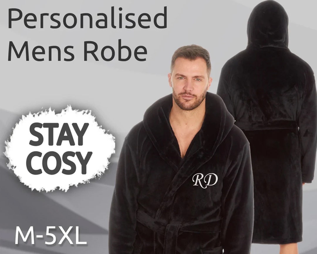 Personalised Mens Dressing Gown Hooded Robe Embroidered Name Gift Idea for Valentine's Day Gift