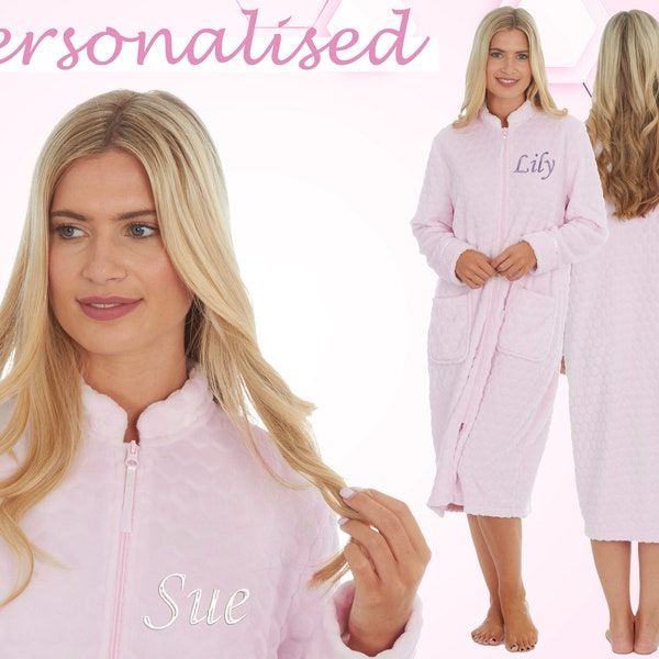 Personalised Ladies No Collar Long Bed Jacket Pink Dressing Gown Mandarin Collar Zipped Robe Gift Idea Embroidered Name Mother's Day Gift