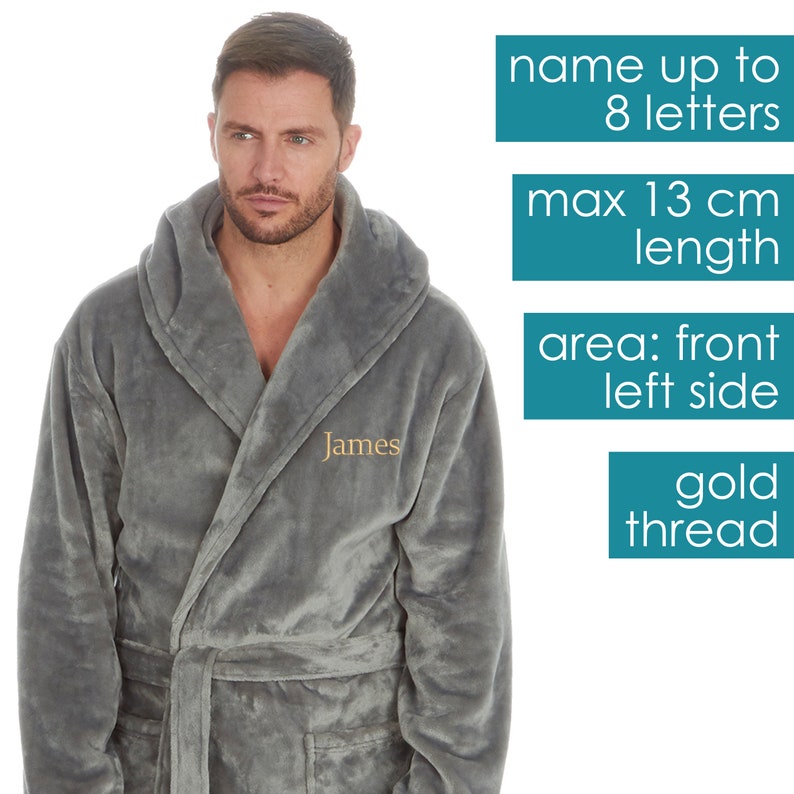 May include: Gray hooded robe with a gold embroidered name "James" on the left side. The robe has a belt and a pocket. The text on the image says "name up to 8 letters", "max 13 cm length", "area: front left side", and "gold thread".
