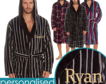 Personalised Mens Dressing Gown Embroidered Name Custom Text Check Stripe Father's Day Gift Idea Present Dad Grandfather Brother UK M-XL