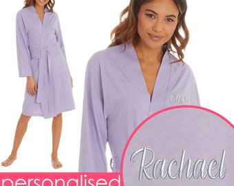 Personalised Ladies Summer Kimono Robe Lightweight Knee Length No Collar Dressing Gown Lilac Purple Recycled Yarn Mother's Day Size S-XL