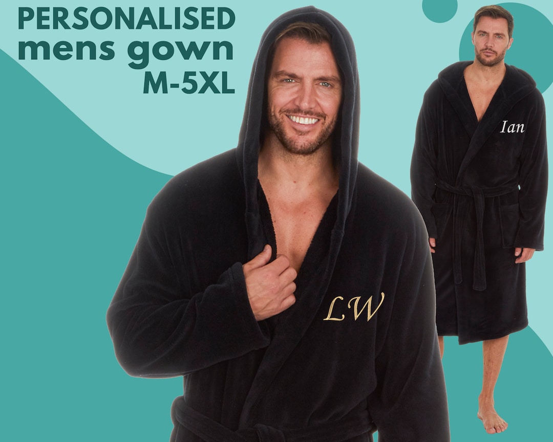 Personalised Mens Dressing Gown Hooded Energy Saving Robe Embroidered