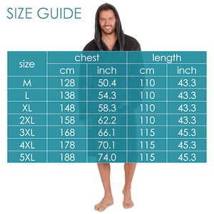 May include: Size guide chart for a hooded robe with measurements in inches and centimeters. The chart shows chest and length measurements for sizes M through 5XL.