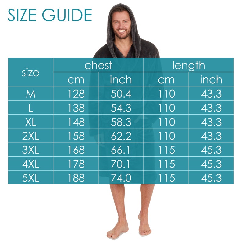 May include: Size guide chart for a hooded robe with measurements in inches and centimeters. The chart shows chest and length measurements for sizes M through 5XL.