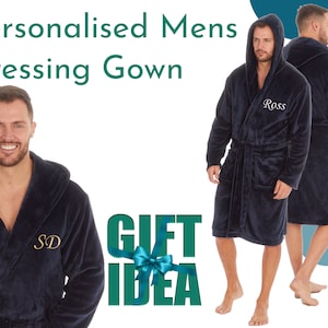 Valentine's Day Personalised Mens Navy Dressing Gown Bathrobe Plus Size Embroidered Gift Idea Present Husband Fiance Boyfriend Dad Brother
