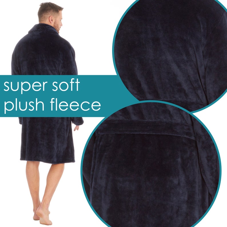 May include: A navy blue plush fleece robe with a shawl collar and a tie belt. The robe is soft and comfortable, perfect for lounging around the house.