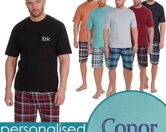 Personalised Mens Summer Lounge Set Short Sleeved Plain T-shirt Checked Woven Shorts Summer Set Pyjama PJs Valentine's Day Gift Idea Present