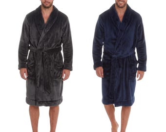 Unisex Fleece Dressing Gown, Shawl Collar Bathrobe with Pockets & Tie Belt, Navy or Grey, One Size