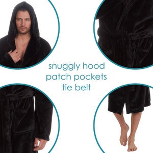 May include: Black hooded robe with a tie belt and patch pockets. The robe is made of a soft, plush material.