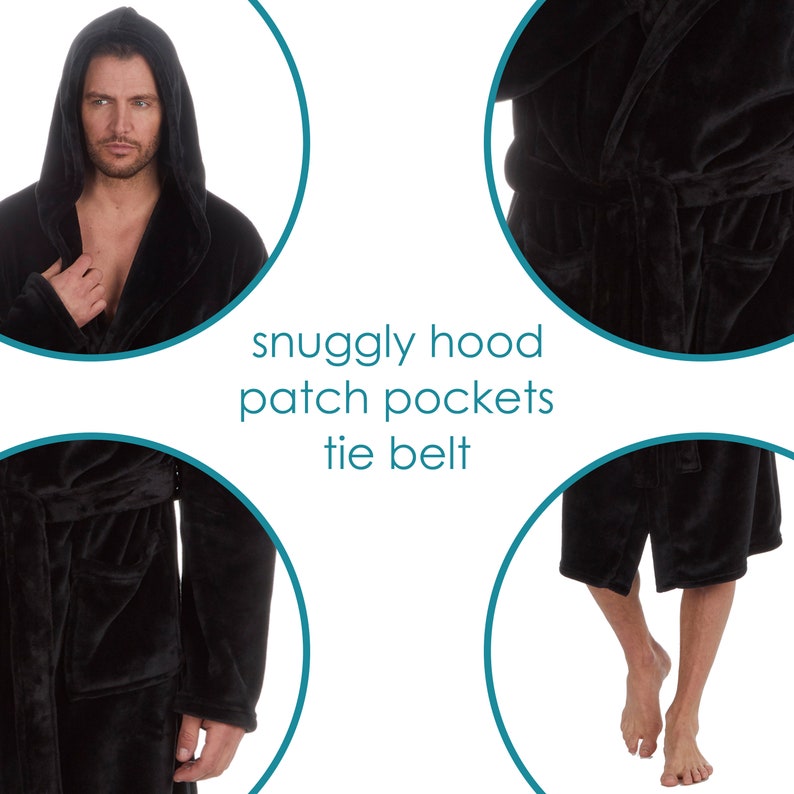 May include: Black hooded robe with a tie belt and patch pockets. The robe is made of a soft, plush material.