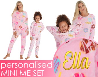 Personalised Mini Me Set Mother and Daughter Matching Pyjama Set Embroidered Name Ladies Girls Donut PJ's Mother's Day Size S-XL 2-13 Years