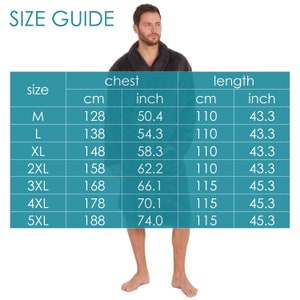 May include: Size guide chart for a robe with measurements in inches and centimeters. The chart shows chest and length measurements for sizes M through 5XL.