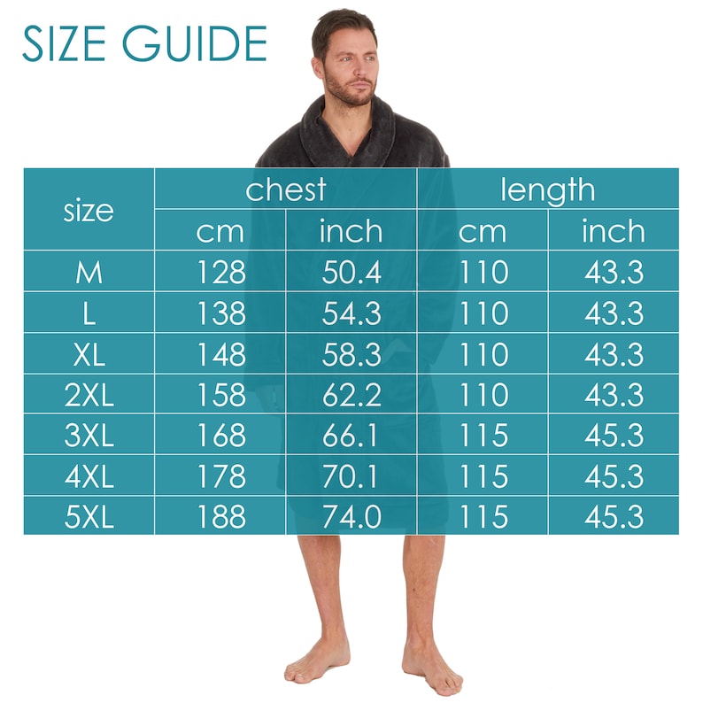 May include: Size guide chart for a robe with measurements in inches and centimeters. The chart shows chest and length measurements for sizes M through 5XL.