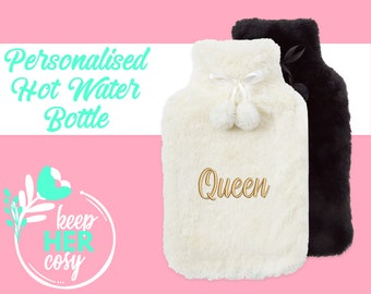 Personalised Hot Water Bottle Embroidered Fluffy Cream Black Cover with Pom Poms Gift Idea Mother's Day Present for Wife, Girlfriend, Mom