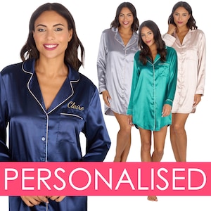 May include: Three women wearing long-sleeved satin pyjamas. The pyjamas are in different colours: navy blue, teal, and blush pink. The navy blue pyjamas have the name "Claire" embroidered on the chest. The text "PERSONALISED" is displayed at the bottom of the image.