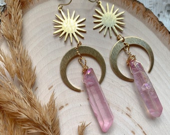 Celestial Brass and Pink Aura Quartz Dangle Earrings