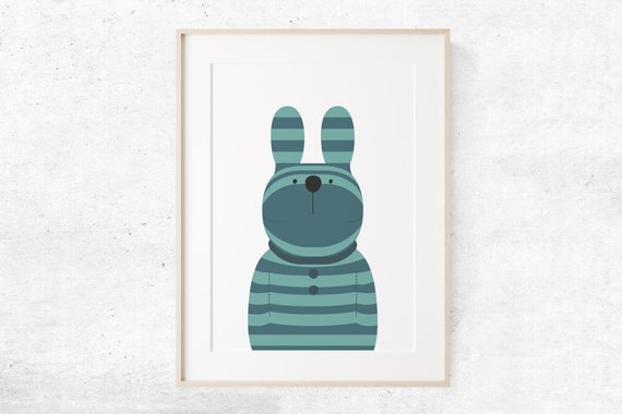Printable Striped Rabbit Wall Art Animal Blue Poster | Etsy