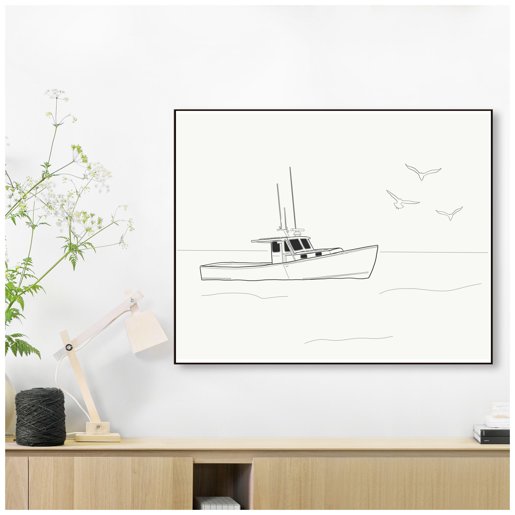 Lobster Boat Maine Line Drawing Print -- 5x7 or 8x10