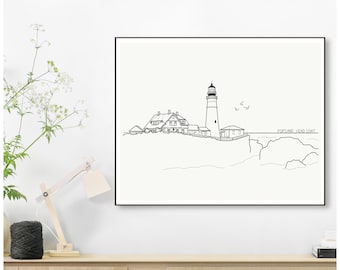 Portland Head Light Maine Lighthouse Minimalist Line Drawing Print -- 5x7 or 8x10