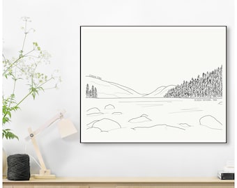 Jordan Pond Acadia National Park [MAINE] North and South Bubble -- Line Drawing Print -- 5x7 or 8x10