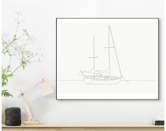 Sailboat (Ketch-Rigged) Line Drawing -- Minimalist Black and White -- 5x7 or 8x10 Print