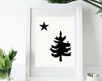Maine Flag (1901 Original) Drawing -- Minimalist Black and White -- 5x7 or 8x10 Print