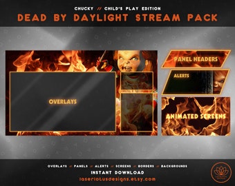 May include: A digital stream pack for the game Dead by Daylight featuring the character Chucky from the Child's Play franchise. The pack includes overlays, panel headers, alerts, and animated screens. The design features a fiery orange and yellow color scheme with a dark background.