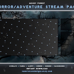 May include: A digital stream pack featuring a dark, moody forest background. The pack includes overlays, panels, alerts, screens, borders, and backgrounds. The text "MOODY FOREST HORROR/ADVENTURE STREAM PACK" is at the top of the image. The text "OVERLAYS // PANELS // ALERTS // SCREENS // BORDERS // BACKGROUNDS INSTANT DOWNLOAD laserlotusdesigns.etsy.com" is at the bottom of the image.