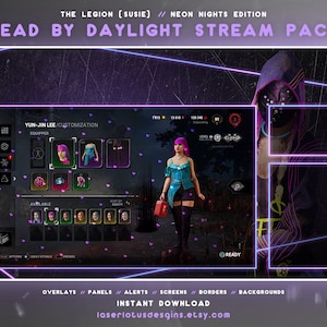 Puede incluir: Una ilustración digital de un paquete de transmisión para el juego Dead by Daylight. El paquete presenta una combinación de colores púrpura y rosa con acentos de neón. La imagen incluye un personaje del juego, Yun-Jin Lee, con un atuendo azul y rosa. El texto "DEAD BY DAYLIGHT STREAM PACK" se muestra en negrita, en blanco.