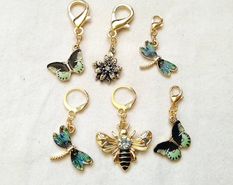 Butterfly and Dragonfly - Set of 3 or 6 Stitch Markers - Flower, Bee